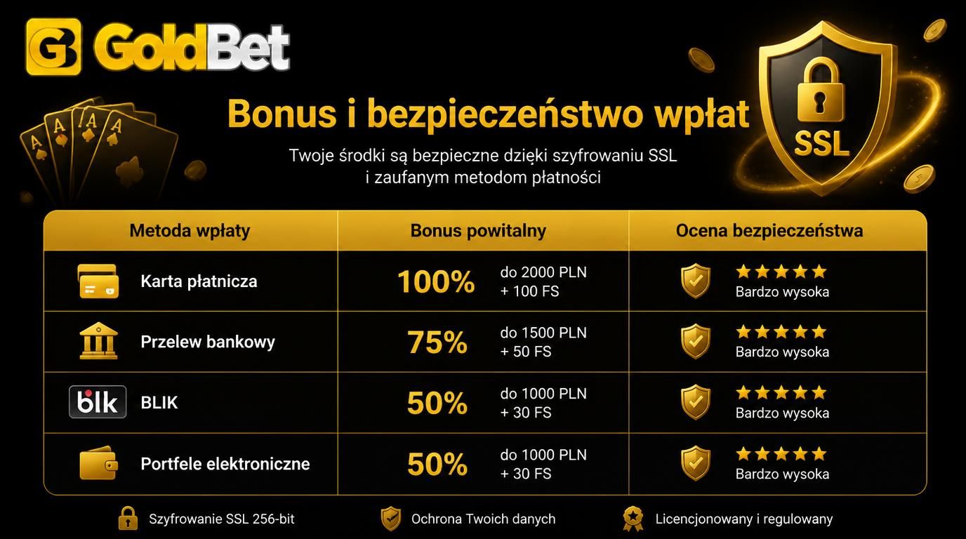Tabela pokazująca różne metody wpłaty z oceną bonusu i bezpieczeństwa