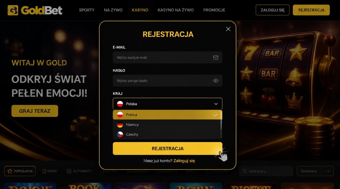 Formularz rejestracji GoldBet z polskim wyborem kraju